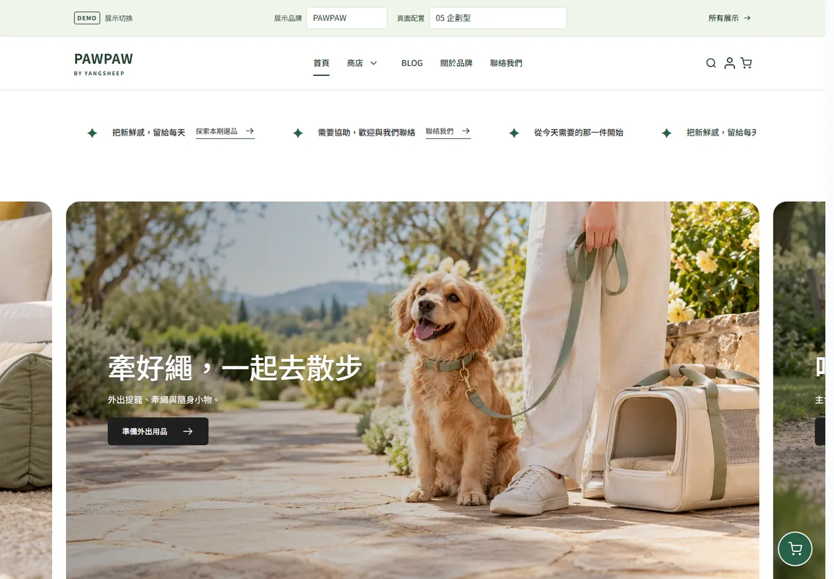 Campaign-style homepage layout: centered hero slider with adjacent slides peeking in, service icons and a container-width banner